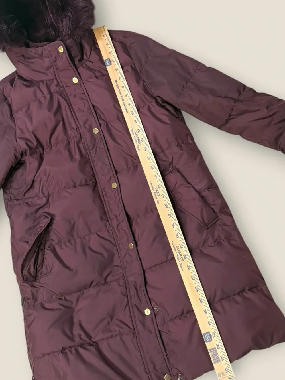 Ralph Lauren Deep Plum Long Puffer Coat with Faux Fur Hood Medium